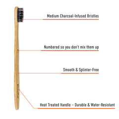 Bamboo Toothbrush Set 5-Pack -  Eco-Friendly, Biodegradable, Bamboo Toothbrushes with Black Charcoal Bristles.