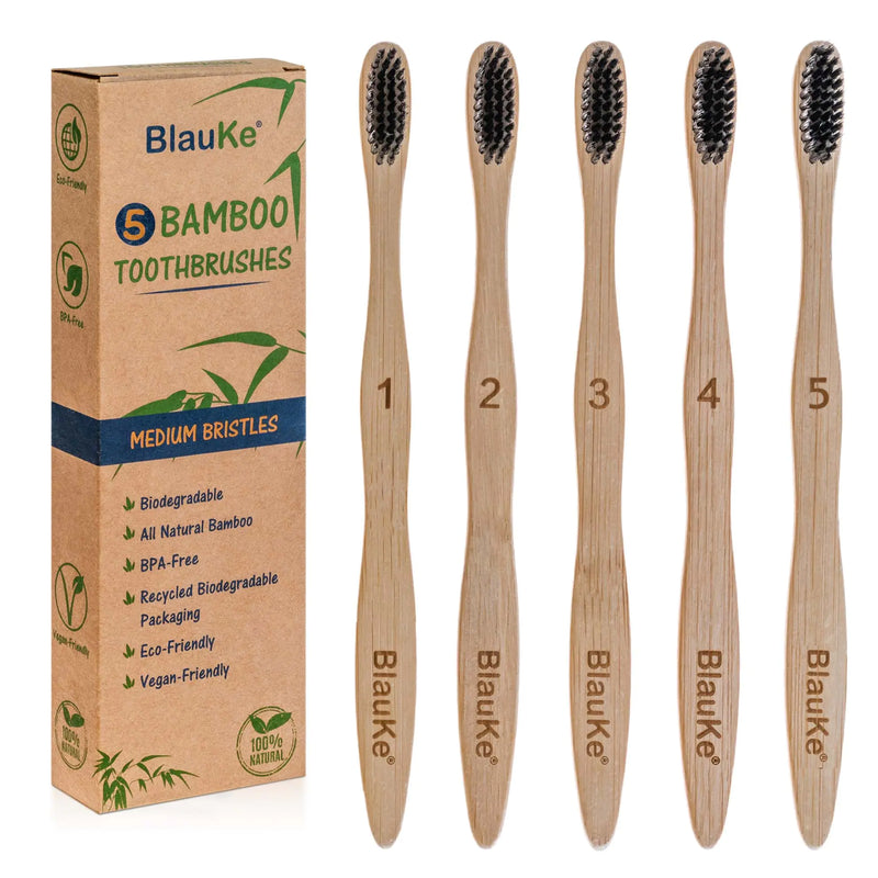 Bamboo Toothbrush Set 5-Pack -  Eco-Friendly, Biodegradable, Bamboo Toothbrushes with Black Charcoal Bristles.