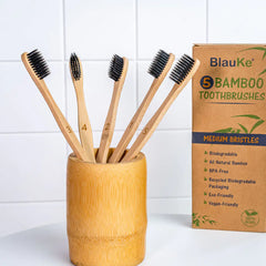 Bamboo Toothbrush Set 5-Pack -  Eco-Friendly, Biodegradable, Bamboo Toothbrushes with Black Charcoal Bristles.