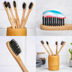 Bamboo Toothbrush Set 5-Pack -  Eco-Friendly, Biodegradable, Bamboo Toothbrushes with Black Charcoal Bristles.